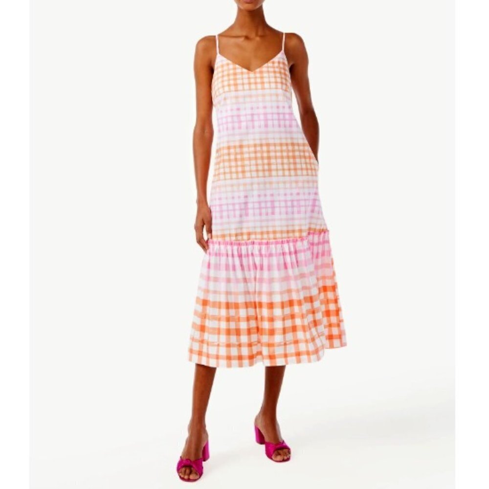 Scoop Women's Allover Gingham Print Bow Back Midi Dress - L